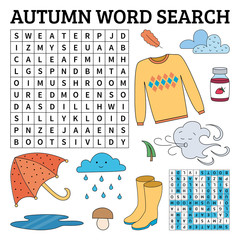 Learn English with an autumn word search game for kids. Vector illustration. - 217979026
