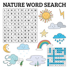 Learn English with a nature word search game for kids. Vector illustration.