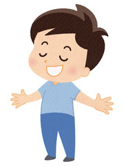 両手を広げ深呼吸する半袖の男性