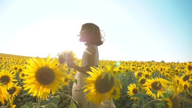 Happy little girl running happy free across the field with sunflowers. slow motion video. smelling big sunflower lifestyle on summer field. Delight of a pleasant smell. Summer holiday. concept