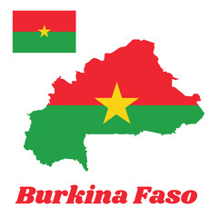Map outline and flag of Burkina Faso, Two horizontal bands of red and green with the yellow five-pointed star in the center. with name text Burkina Faso.
