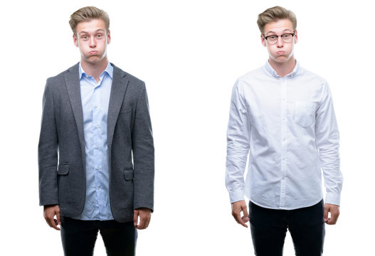 Young handsome blond business man wearing different outfits puffing cheeks with funny face. Mouth inflated with air, crazy expression.