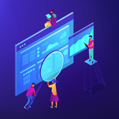 Isometric SEO specialists analizing data charts and magnifier. SEO technology and marketing, digital marketing strategy concept. Blue violet background. Vector 3d isometric illustration.