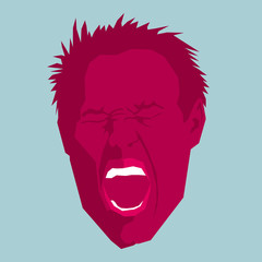 Painful expression, human head. The background is blue.