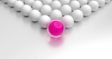 Anführer Konzept. Pinke Kugel im Vordergrund, gefolgt von vielen weißen Kugeln. Symbolisch für die Führung eines Teams