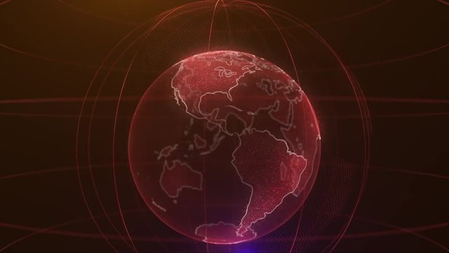 Pixel planet Earth animation. Animation of space with digital exploding Earth, Abstract world map background. Rotating globe, shining continents with accented edges