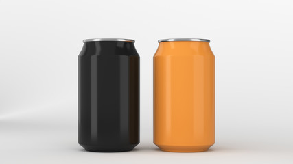 Two small black and orange aluminum soda cans mockup on white background