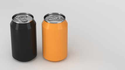 Two small black and orange aluminum soda cans mockup on white background