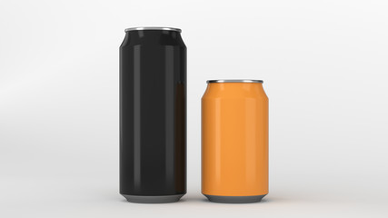 Big black and small orange aluminum soda cans mockup
