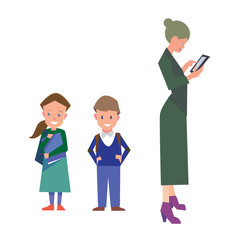 Flat style education illustration with teacher and students isolated on white. Vector school people collection.