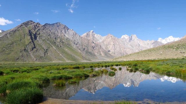 Beautiful snow mountains range landscape with water reflection at Rangdum on August,  Zanskar Valley road in the Himalayas Ladakh, Leh, India, Slow motion.