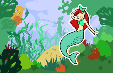 Cartoon illustration of a beautiful cute adorable mermaid with long hair and bow swimming around smiling