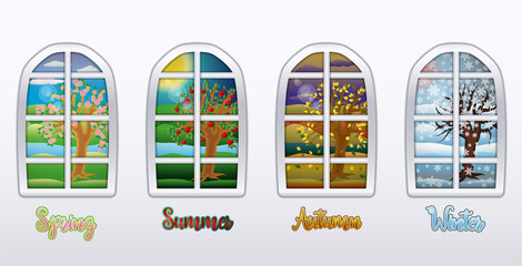 Four seasons windows wallpaper, vector illustration