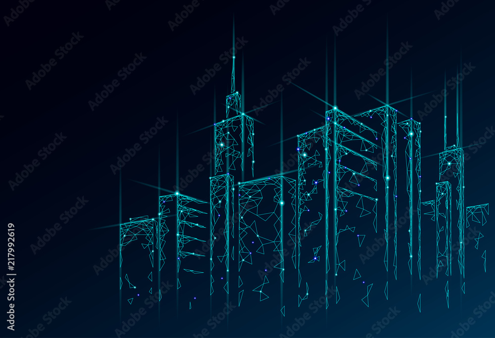 Poster low poly smart city 3d wire mesh. intelligent building automation system business concept. web onlin