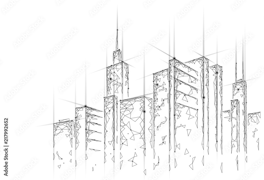 Poster low poly smart city 3d wire mesh. intelligent building automation system business concept. web onlin