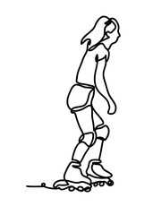 Girl on rollers. Continuous line drawing. Isolated on the white background. Vector monochrome, drawing by lines