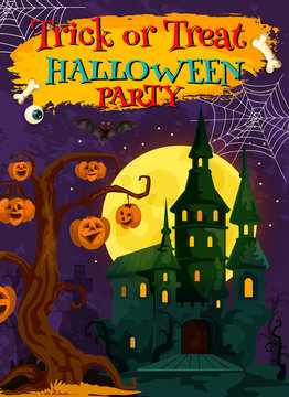 Halloween card of ghost house with pumpkin lantern