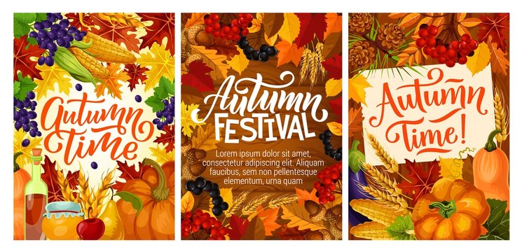 Fall fest posters with harvest and autumn leaves