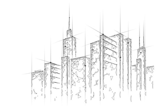 Low poly smart city 3D wire mesh. Intelligent building automation system business concept. Web online computer networking. Architecture urban cityscape technology sketch banner vector illustration