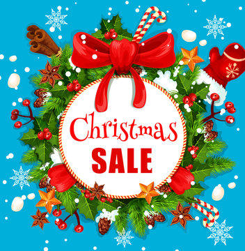 Christmas sale poster with winter holidays wreath