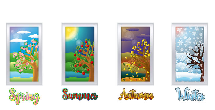 Four seasons windows banners, vector illustration