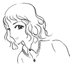 Short Hair Women with smiley face illustration by hand drawn as black and white line art sketch on square size