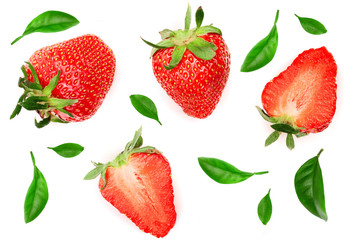 Strawberries decorated with green leaves isolated on white background. Top view. Flat lay pattern
