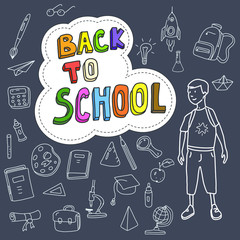 Back to school, poster with doodles drawn by hand, schoolboy goes to school, set of school icons, chalk blackboard, banner, invitation cards, cartoon style, vector, isolated