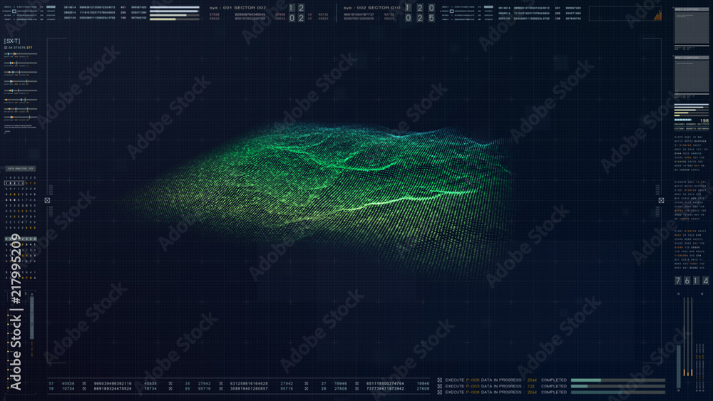 Poster Futuristic military concept for head up display with holographic terrain, user interface readout, targeting and tracking enemy in digital cyber space background