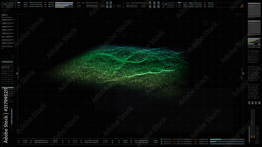 Poster Futuristic military concept for head up display with holographic terrain, user interface readout, targeting and tracking enemy in digital cyber space background
