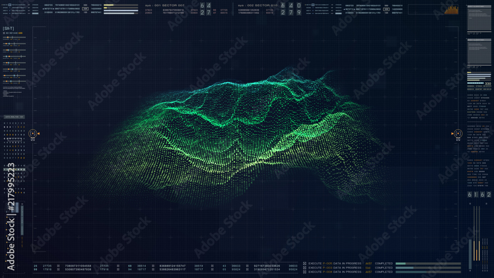 Poster Futuristic military concept for head up display with holographic terrain, user interface readout, targeting and tracking enemy in digital cyber space background