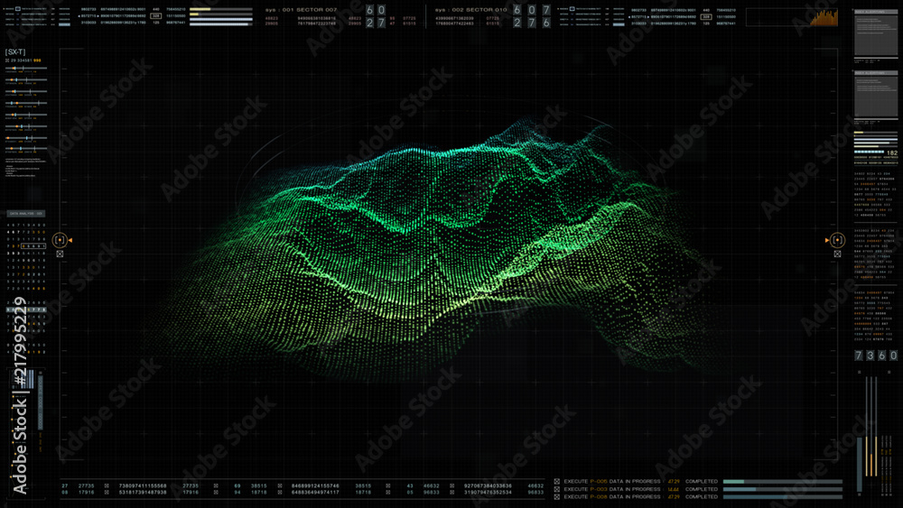 Poster Futuristic military concept for head up display with holographic terrain, user interface readout, targeting and tracking enemy in digital cyber space background