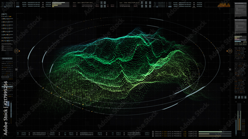 Poster Futuristic military concept for head up display with holographic terrain, user interface readout, targeting and tracking enemy in digital cyber space background