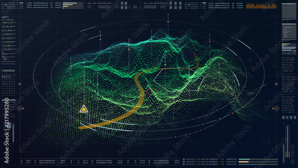 Poster Futuristic military concept for head up display with holographic terrain, user interface readout, targeting and tracking enemy in digital cyber space background