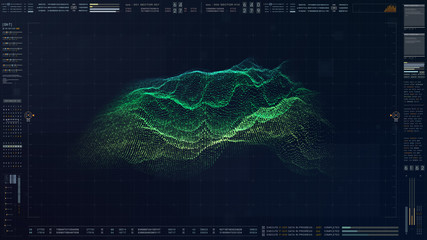 Futuristic military concept for head up display with holographic terrain, user interface readout,...