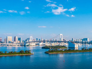 Beautiful cityscape with architecture building and rainbow bridge in tokyo city