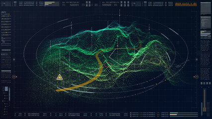 Futuristic military concept for head up display with holographic terrain, user interface readout,...