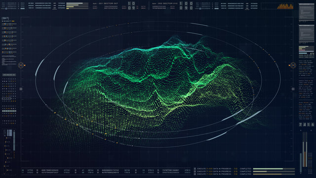 Futuristic military concept for head up display with holographic terrain, user interface readout, targeting and tracking enemy in digital cyber space background