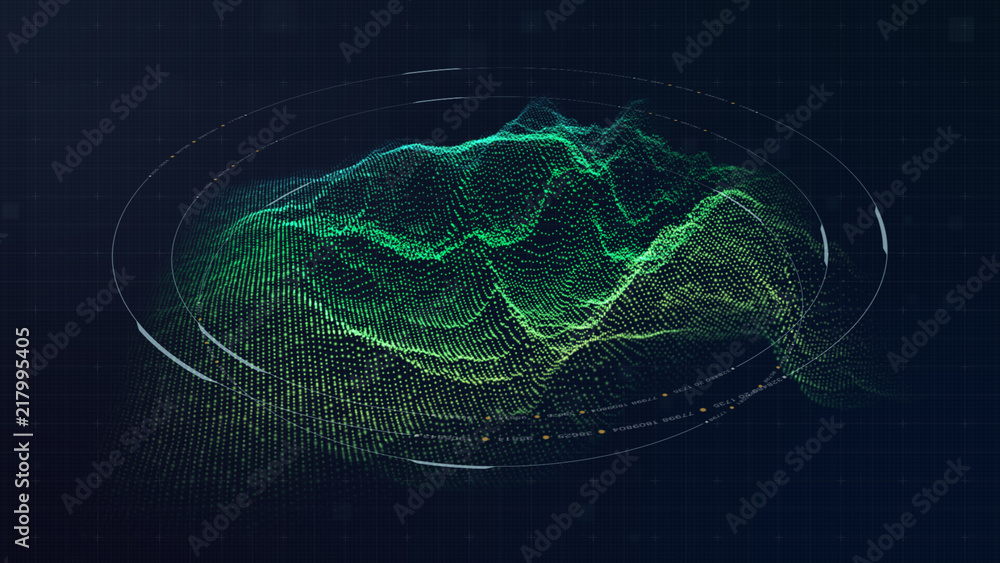 Poster Futuristic military concept for head up display with holographic terrain, user interface readout, targeting and tracking enemy in digital cyber space background