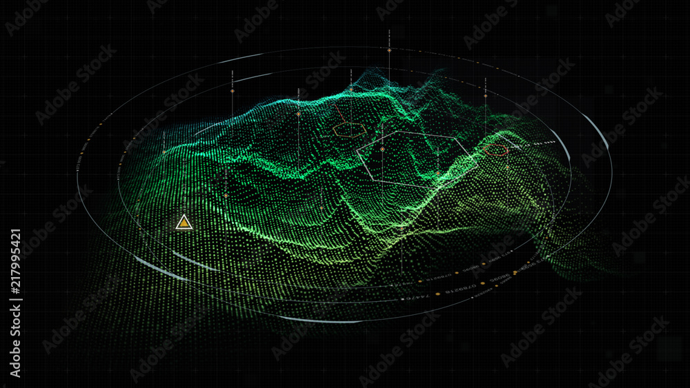 Poster Futuristic military concept for head up display with holographic terrain, user interface readout, targeting and tracking enemy in digital cyber space background