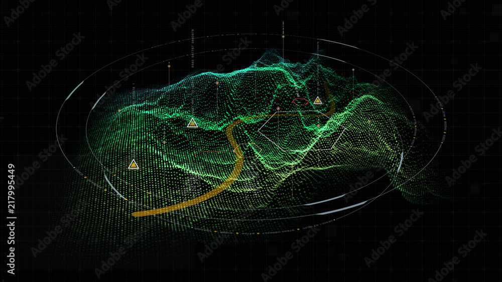 Aufkleber Futuristic military concept for head up display with holographic terrain, user interface readout, targeting and tracking enemy in digital cyber space background