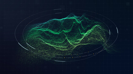 Futuristic military concept for head up display with holographic terrain, user interface readout, targeting and tracking enemy in digital cyber space background