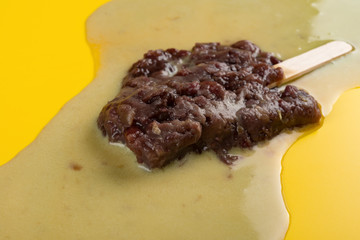 side view studio shoot of red bean popsicle melting completely on yellow background