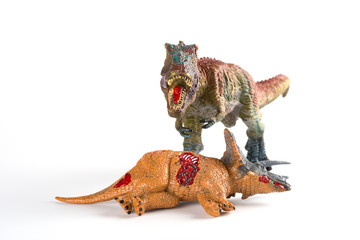 front view tyrannosaurus with a triceratops body nearby on white background © Freer