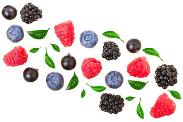 blackberry blueberry raspberry black currant isolated on white background with copy space for your text. Top view. Flat lay pattern
