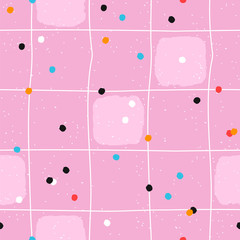 Seamless geometric pattern with randomly confetti. Polka dot background. Vector illustration brush painted for design and print. Abstract craft stamp style.
