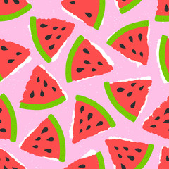 Cute seamless pattern with watermelon slice on pink background. Vector illustration for fashion design and print. Abstract craft stamp style. 