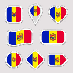 Moldova flag vector set. Moldovan flags stickers collection. Isolated geometric icons. National symbols badges. Web, sport page, patriotic, travel, school, design elements. Different shapes