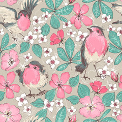 Romantic seamless patterns with wild roses, robin birds, vintage