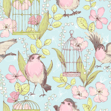 Romantic seamless patterns with wild roses, robin birds, cages, 